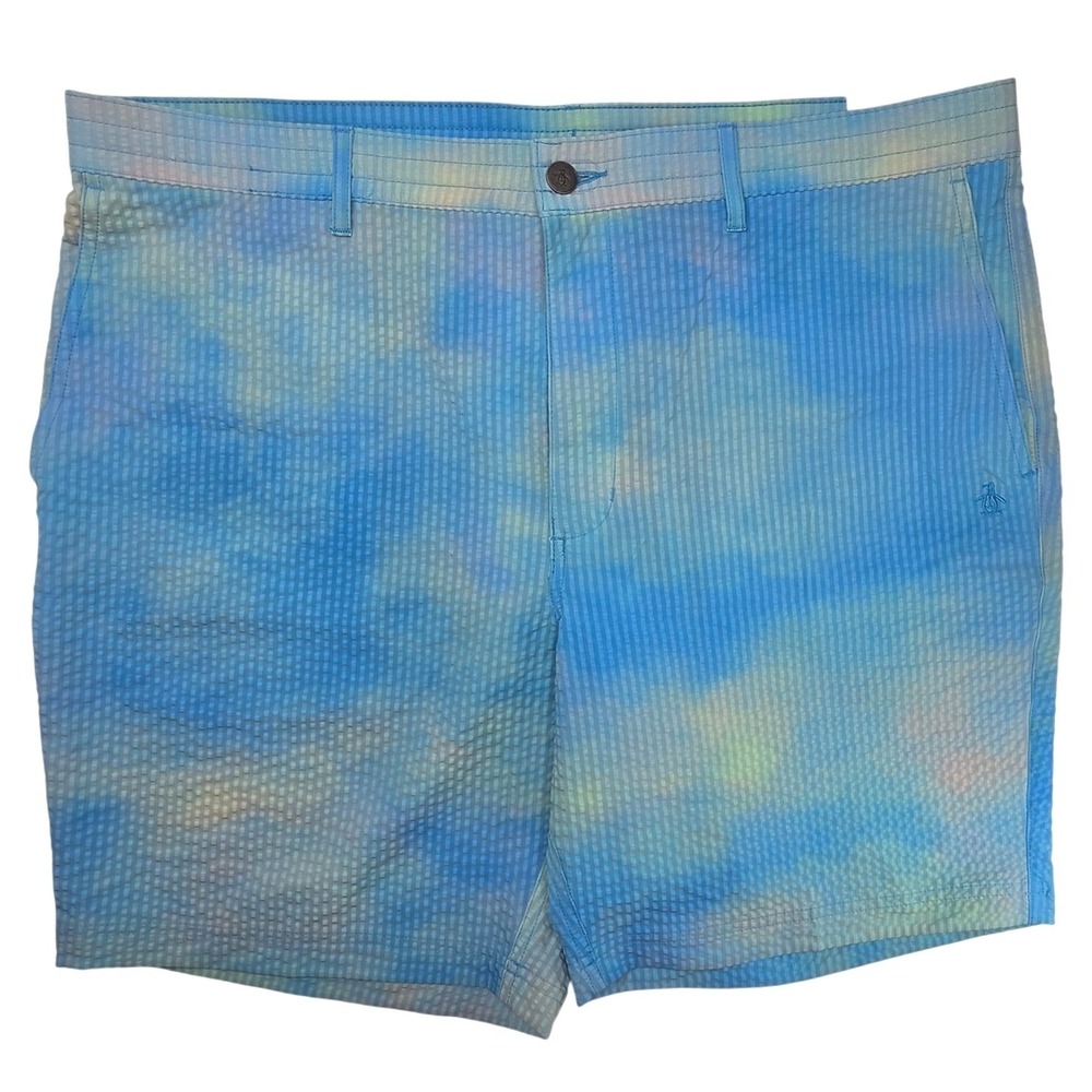 Original Penguin Mens 38 Seersucker Tie Dye Shorts Blue NWT Cloisonne OGBSC035SU